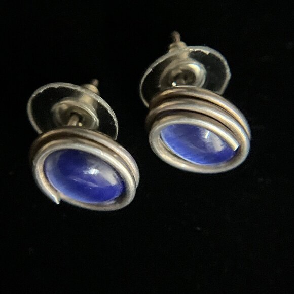 Vintage Modernist Sterling Silver Blue Cat's Eye Stud Earrings Oval Cabochon - Picture 4 of 10